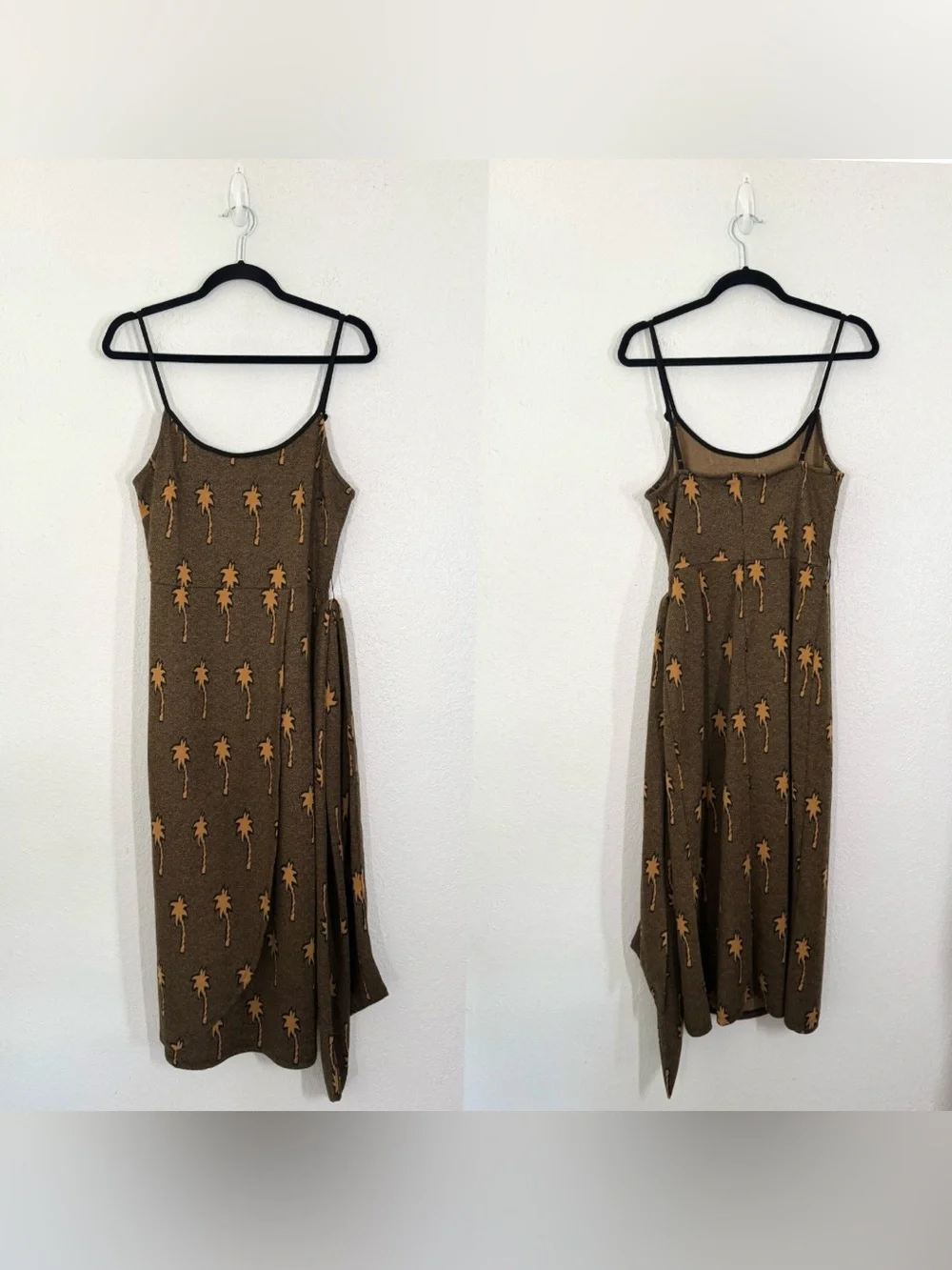 Hutch x ModCloth Palm Tree Belted Faux Wrap Sleeveless Midi Dress Brown Medium